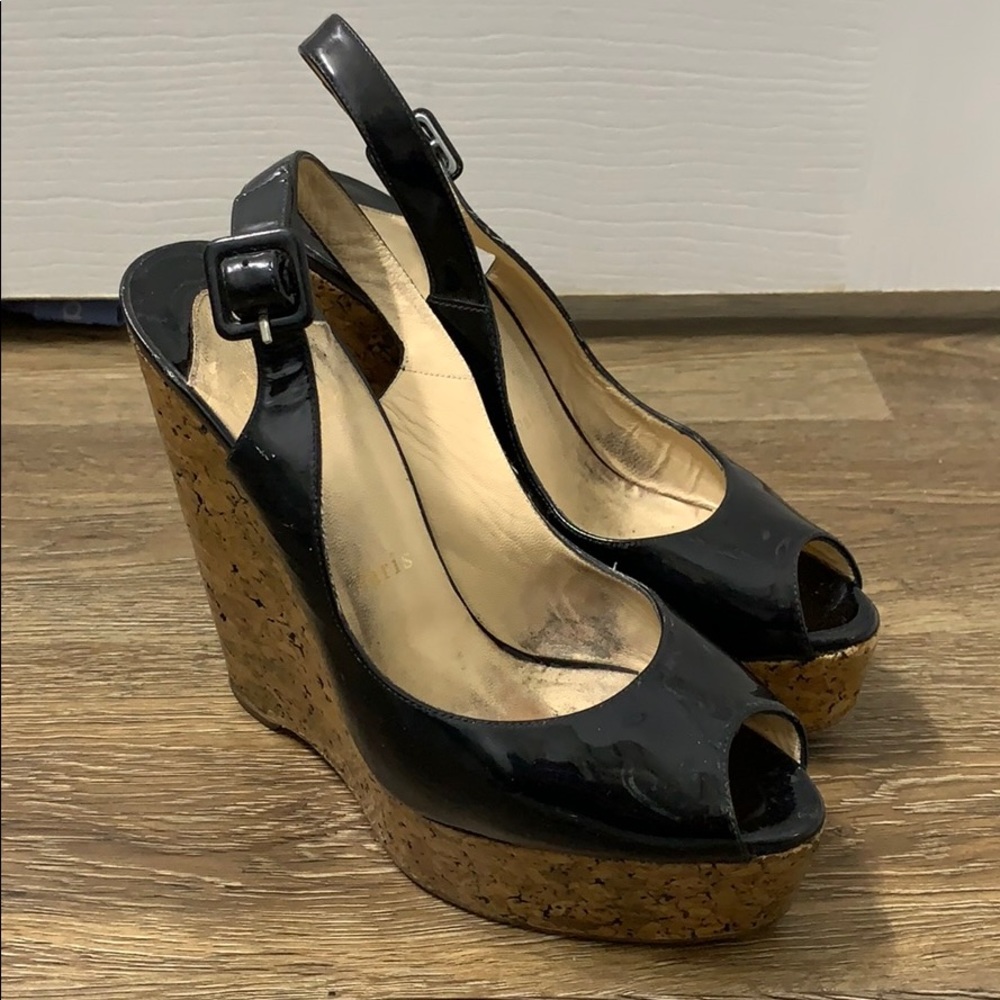 Christian Louboutin Black Patent leather Glazed Cork Wedges Size 38